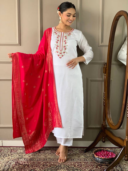 White & Red Casual Kurti Set