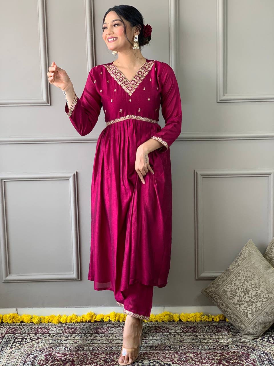 Magenta Vichitra Kurti set