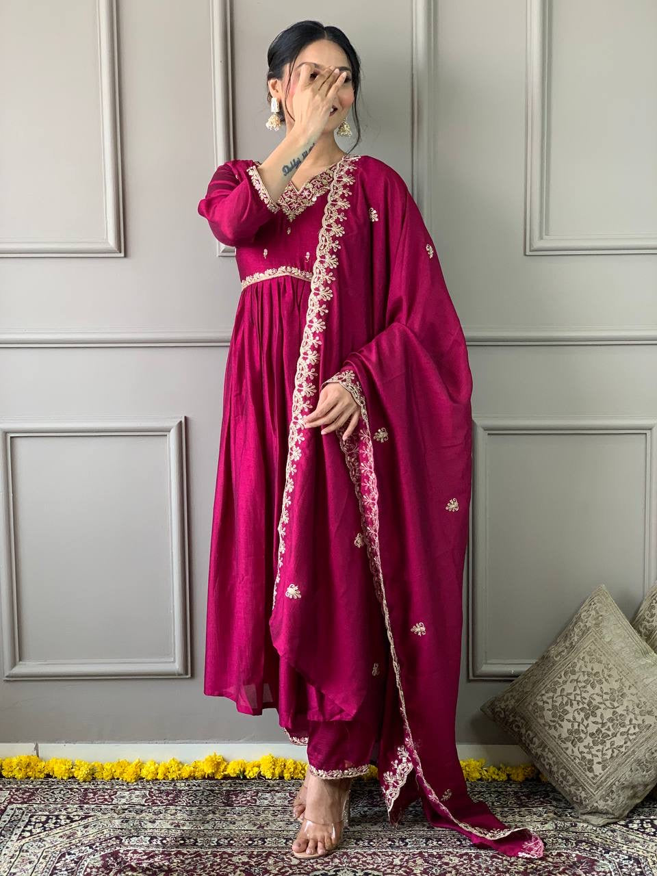 Magenta Vichitra Kurti set