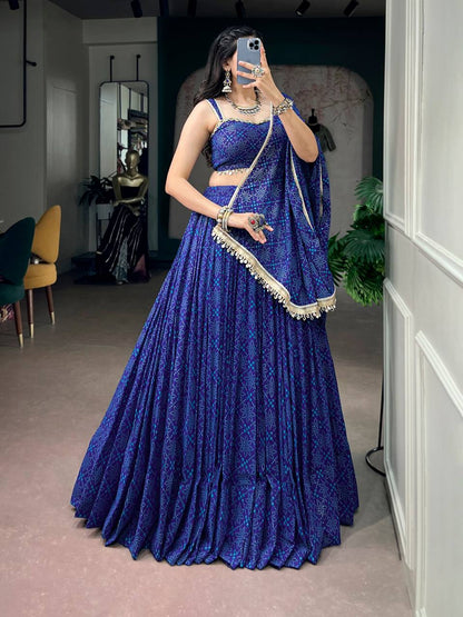 Laksharaa Sarees Bandhani Print Lehenga Royal Blue Full Length Front View