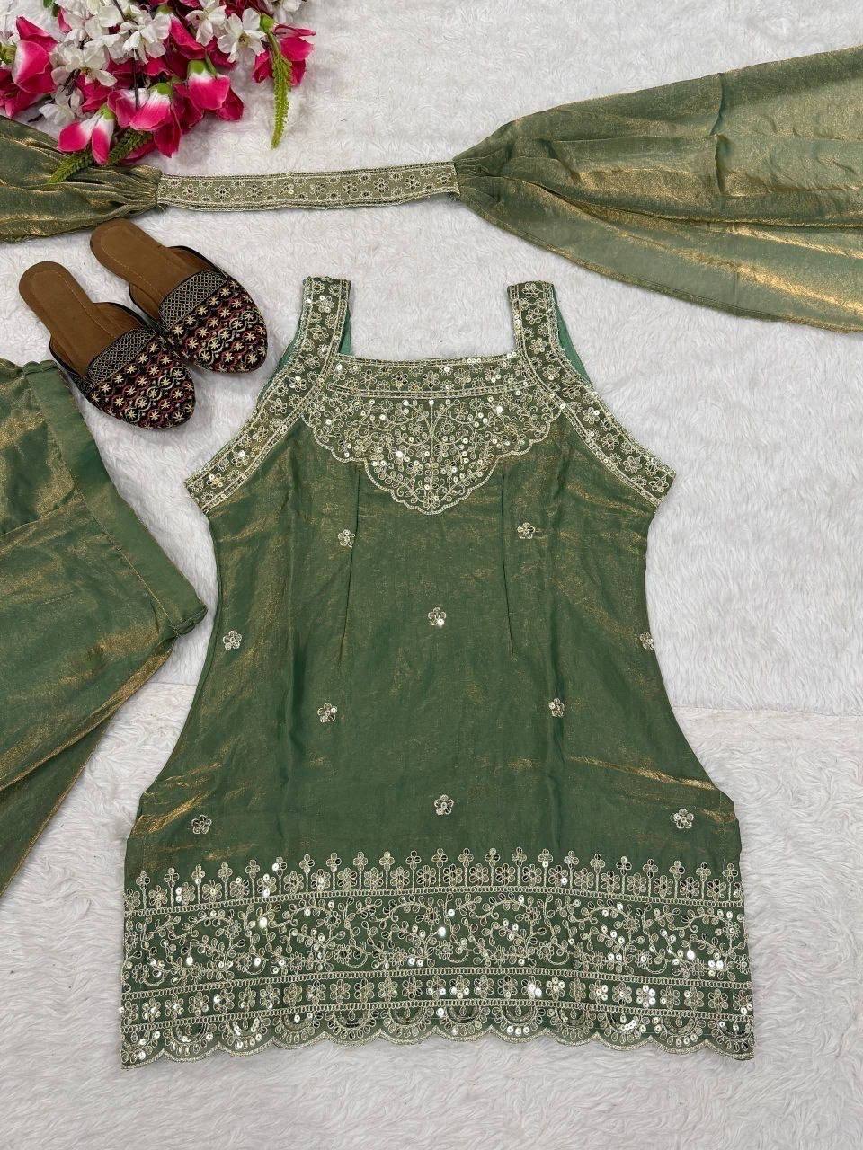 AVIRA Shimmer Silk Suit Sage Green Flat Lay Top