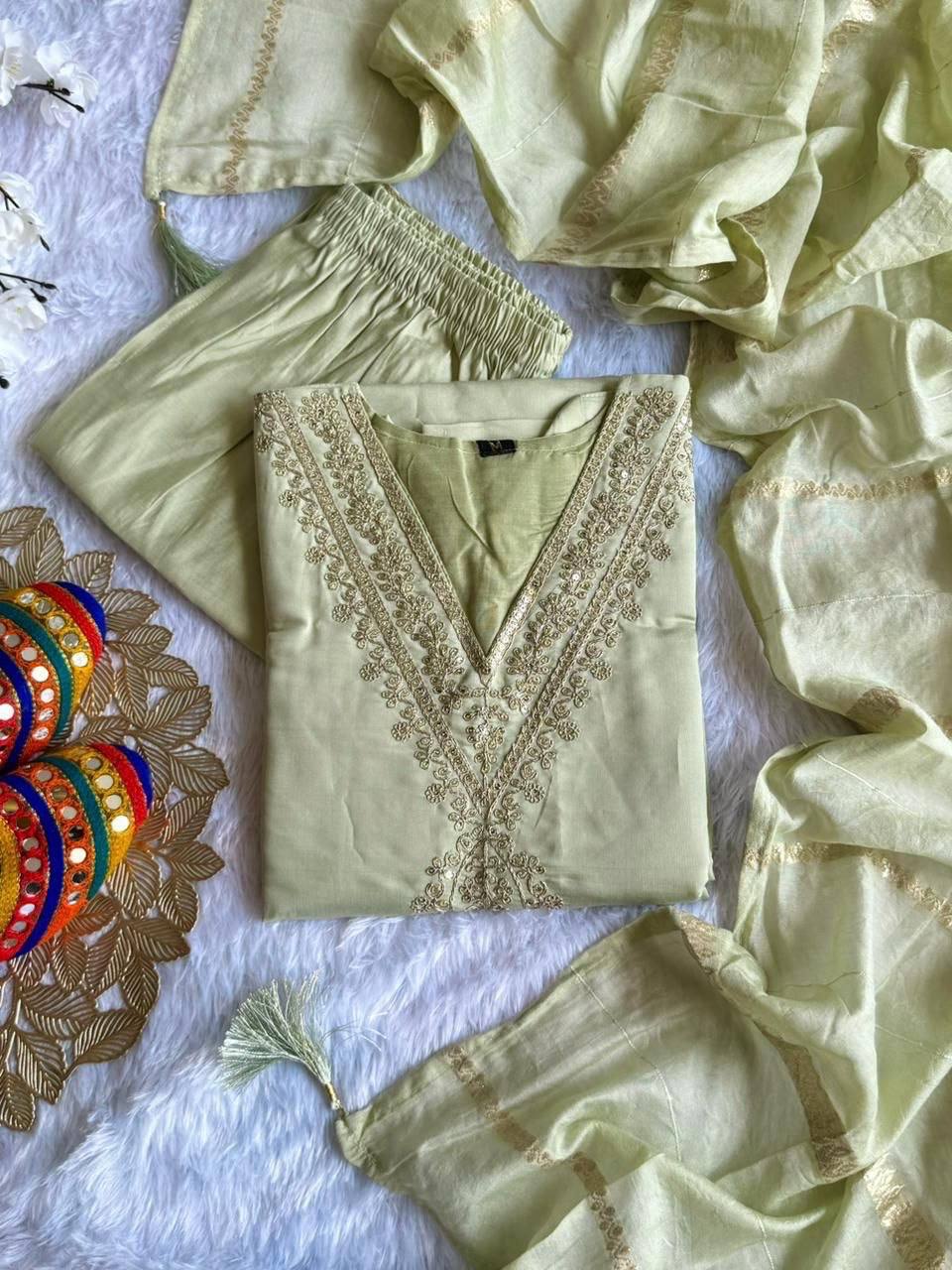 Laksharaa Sarees Roman Silk Pastel Green Comfy Kurti Set Sage Green Detail View