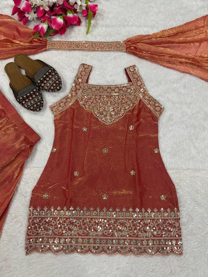 AVIRA Shimmer Silk Suit Coral Flat Lay Top and Dupatta