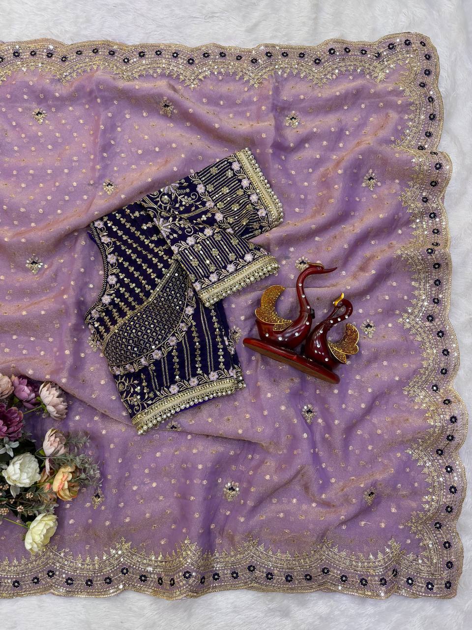 Laksharaa Sarees ZOELLA Grand zari Shimmer Saree Lavender with Navy Blue Blouse