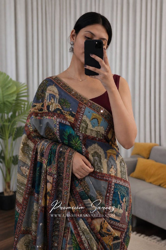 Laksharaa Sarees RAJVAARI - Mirrorwork Ajrakh Saree Multi-color Worn by Model