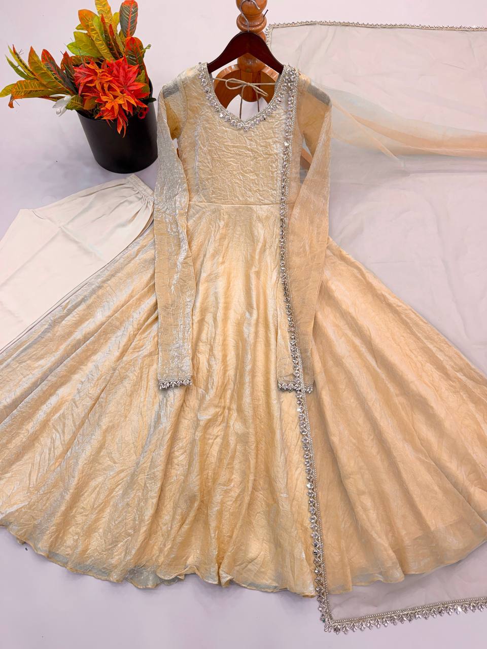 Laksharaa Sarees SANRIA - Premium Crush Silk Anarkali Suit Champagne