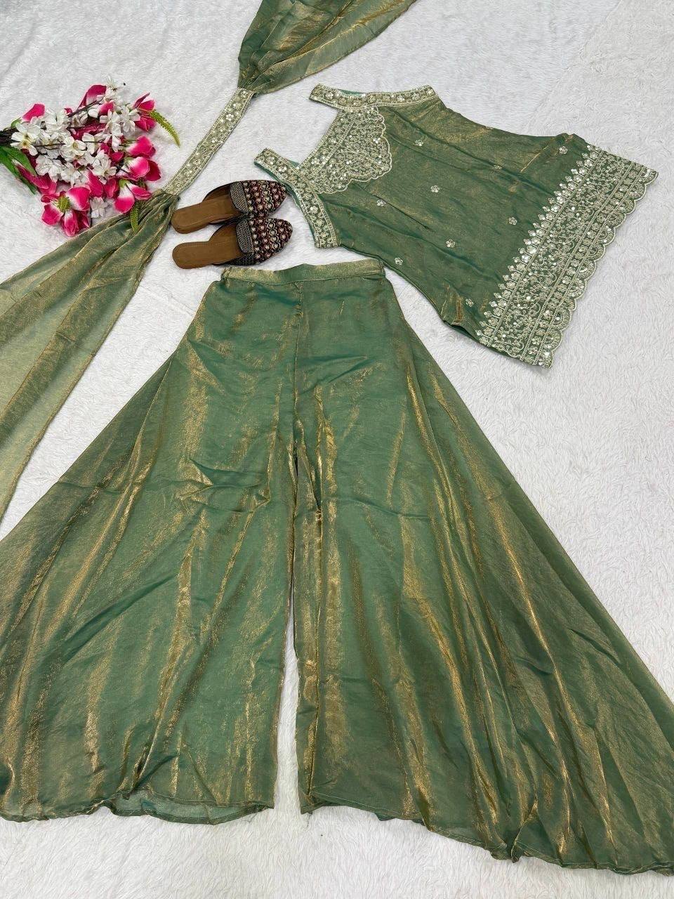 AVIRA Shimmer Silk Suit Sage Green Flat Lay Full Set