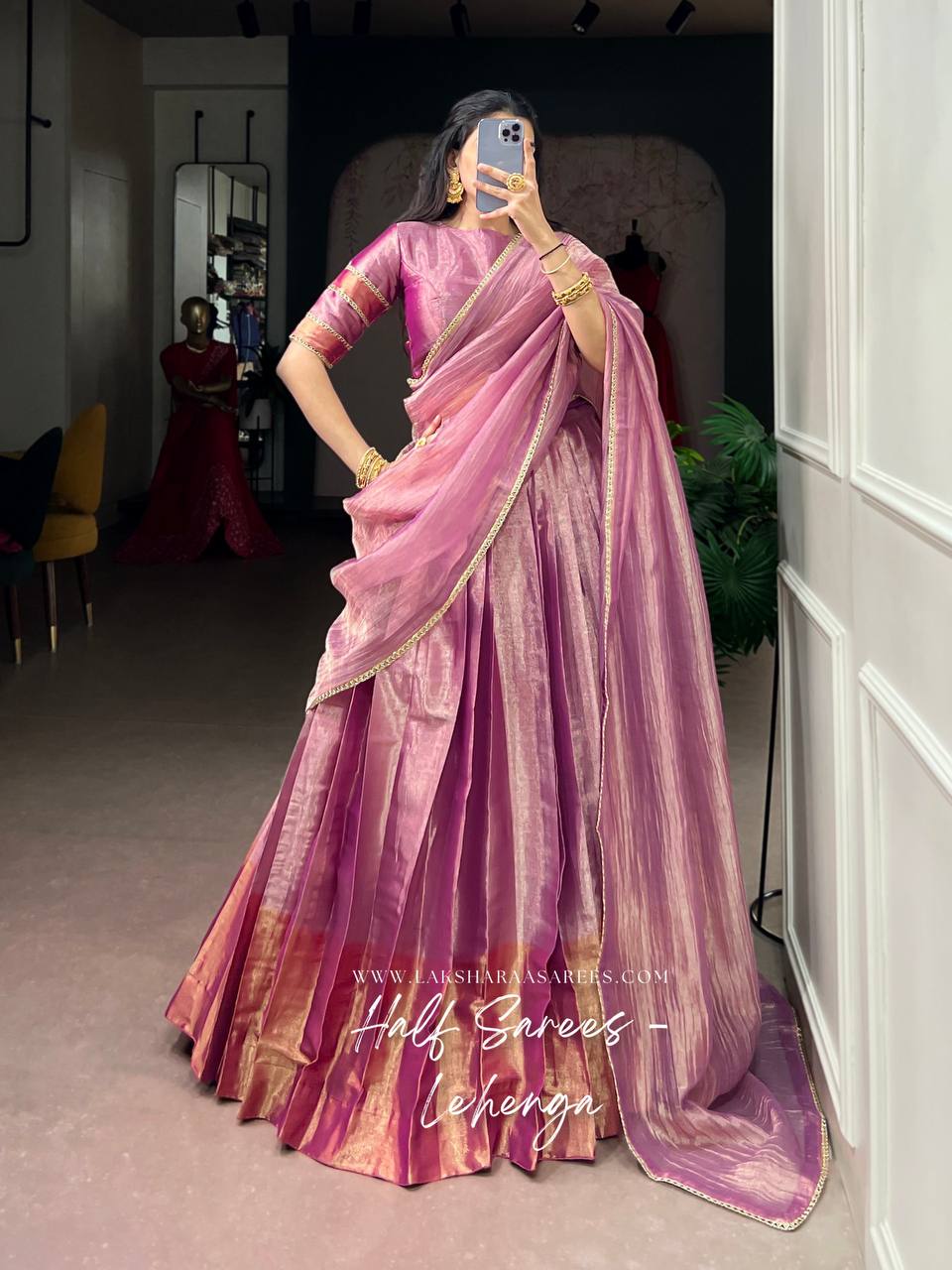 Laksharaa Sarees GEETHA — PINK tissue Zari half saree lehenga Pink