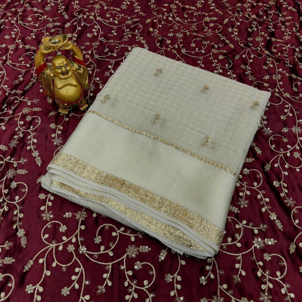 Laksharaa Sarees Ivory Cream x Maroon Viscose Saree Ivory