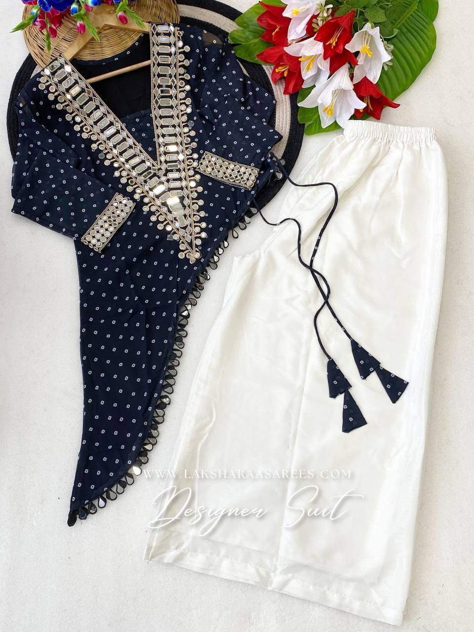 Laksharaa Sarees LYDIA Casual Georgette Mirror Work Top Palazzo Suit Navy Blue Flat Lay Detail