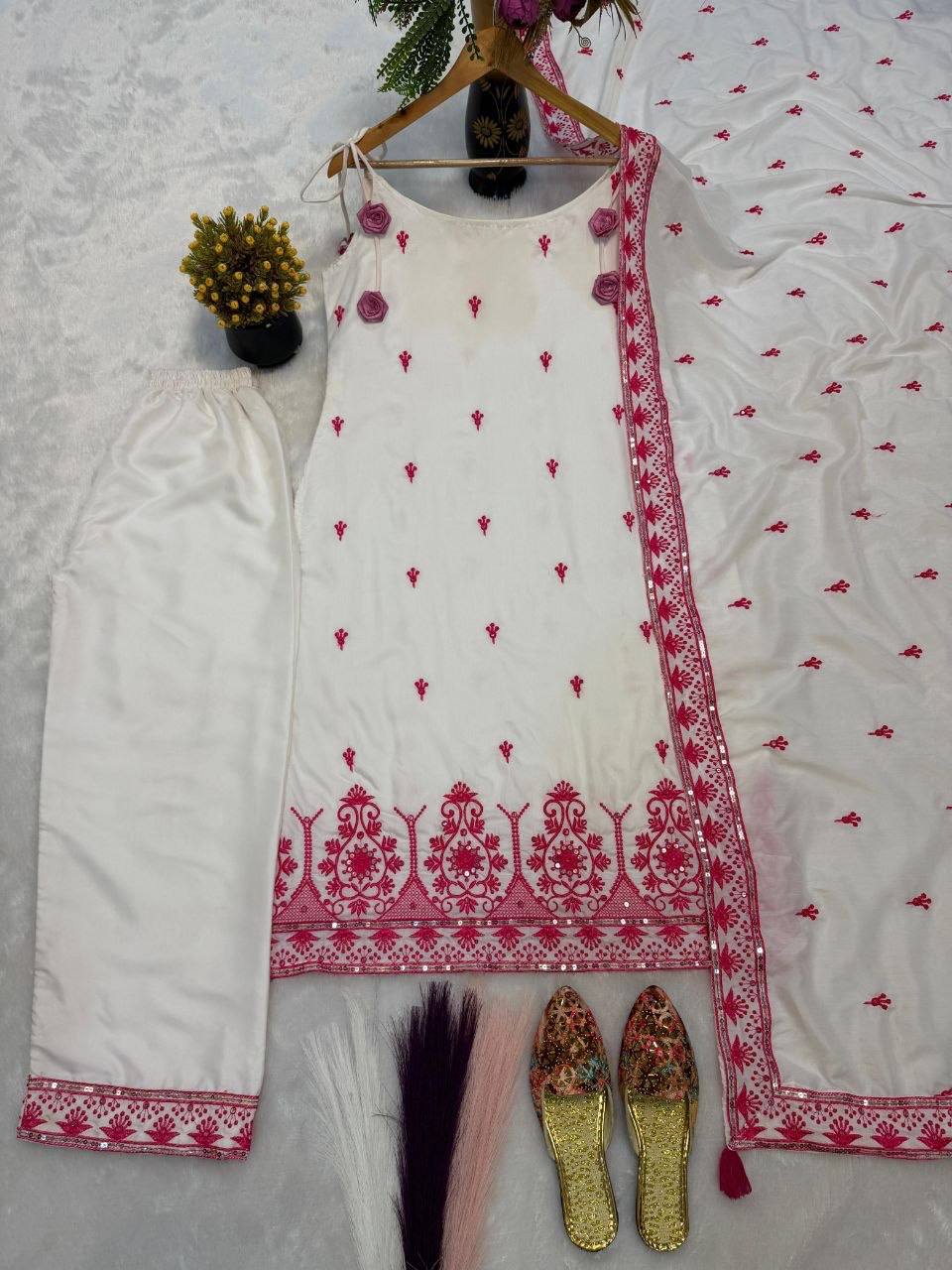 Laksharaa Sarees Maska Cotton Silk Kurta Set Off-White with Pink Embroidery Flat Lay