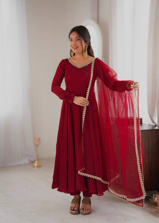 Laksharaa Sarees SANRIA - Premium Crush Silk Anarkali Suit Burgundy
