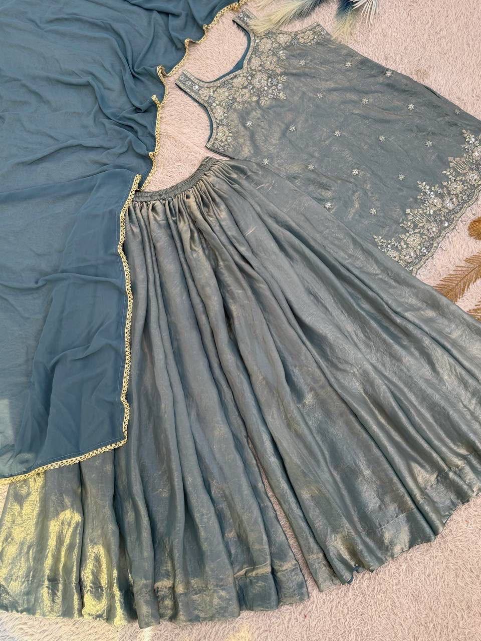 Laksharaa Sarees Shimmer Sharara Suit Teal Full Set Flat Lay