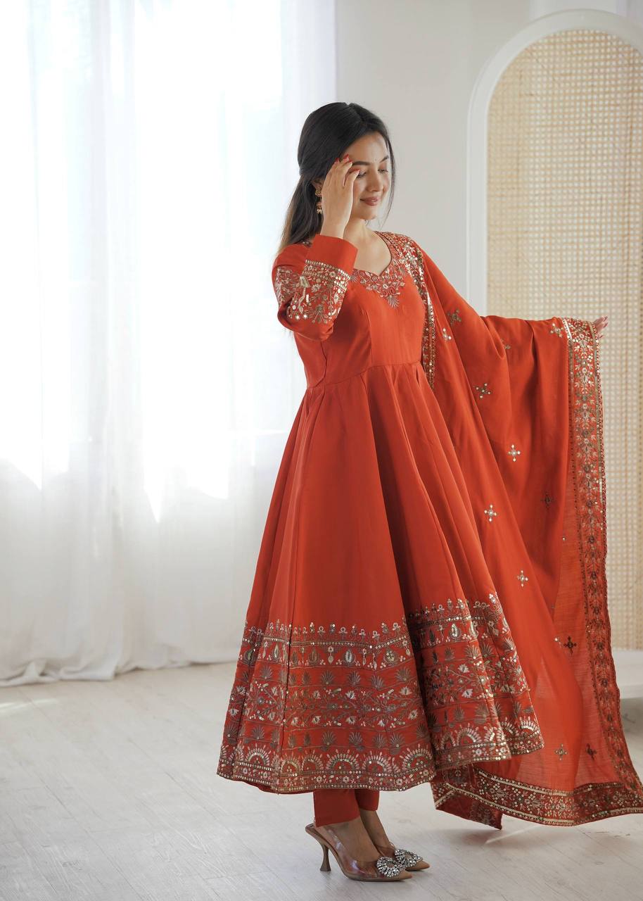 Laksharaa Sarees NAVIRA — Roman Silk Anarkali Suit Burnt Orange Front View