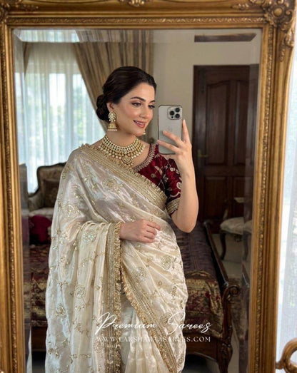 Laksharaa Sarees Shimmer Silk Saree with contrast blouse Off-White Front View