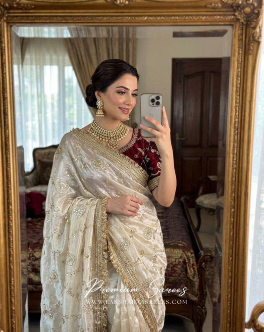Laksharaa Sarees Shimmer Silk Saree with contrast blouse Off-White Front View