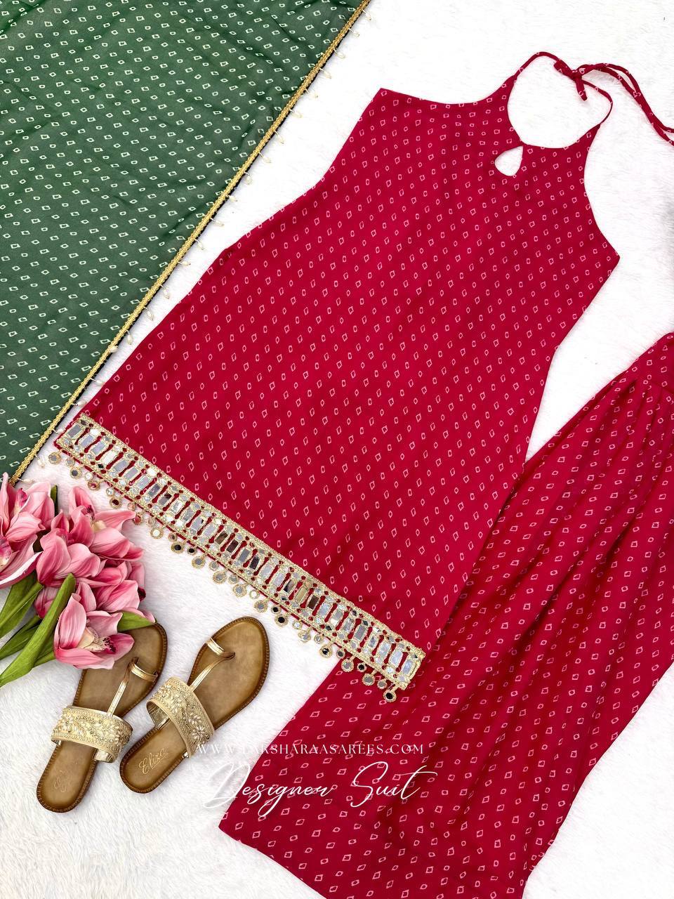 Laksharaa Sarees DORA Farsi Suit Pretty Pink flat lay with green dupatta