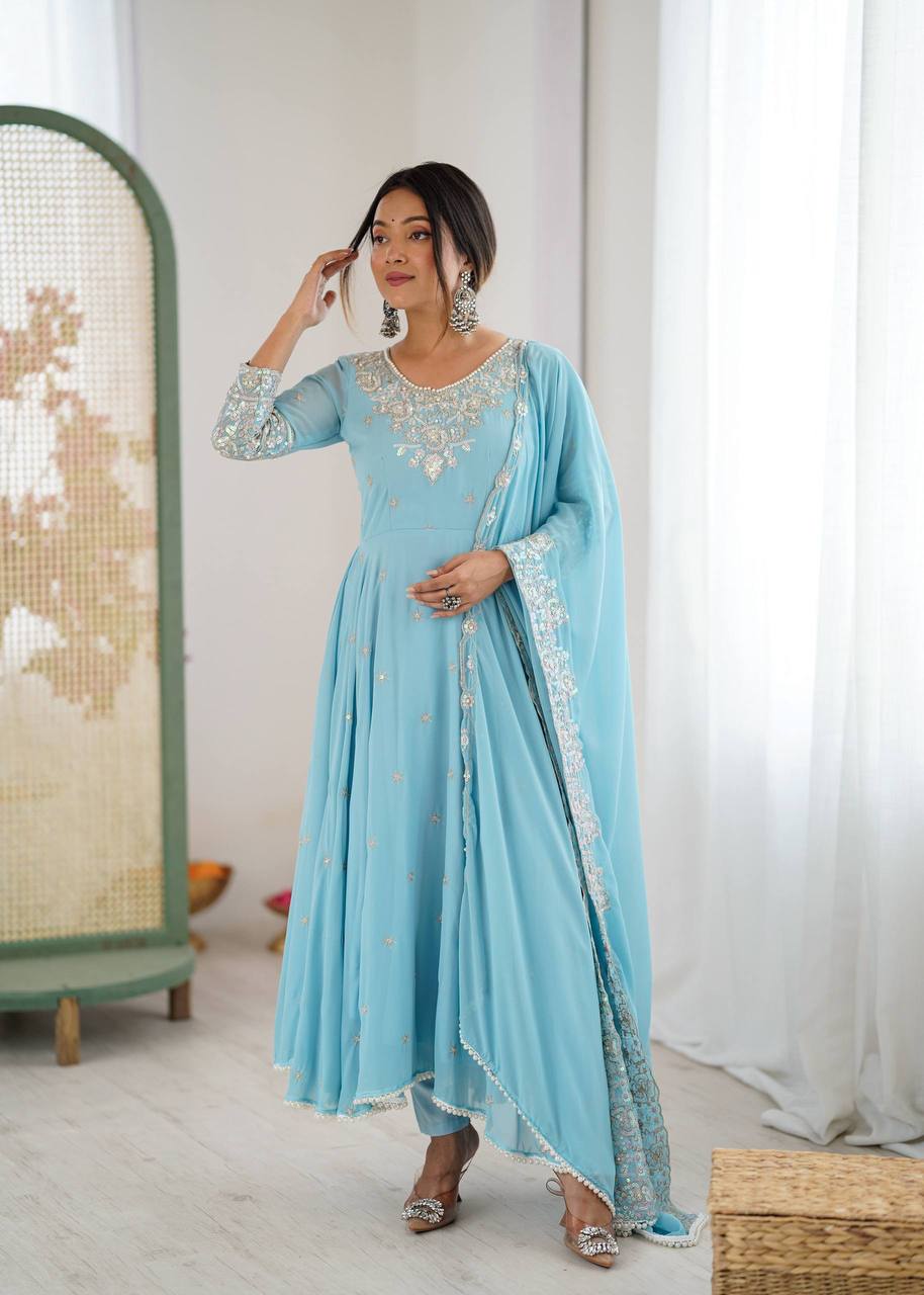Laksharaa Sarees MYRA — Georgette Anarkali Suit Aqua Front View