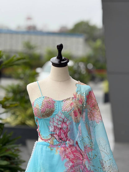 Laksharaa Sarees DIANA - Sky Blue Corset Style Partywear Lehenga Sky Blue Top Detail on Mannequin