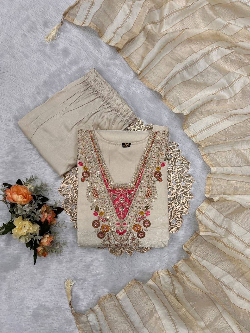 Laksharaa Sarees Embroidered Kurta Set Off-White Folded