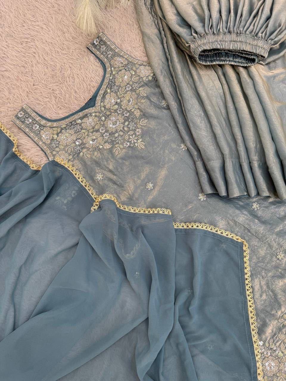 Laksharaa Sarees Shimmer Sharara Suit Teal Top, Palazzo, and Dupatta Flat Lay