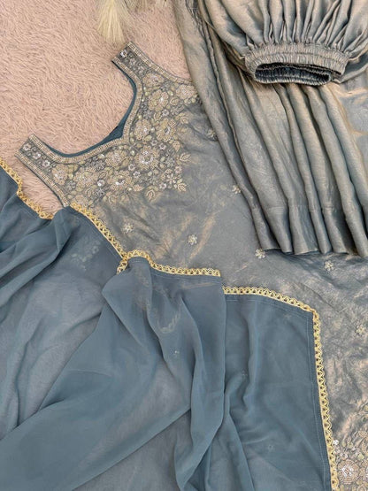 Laksharaa Sarees Shimmer Sharara Suit Teal Top, Palazzo, and Dupatta Flat Lay