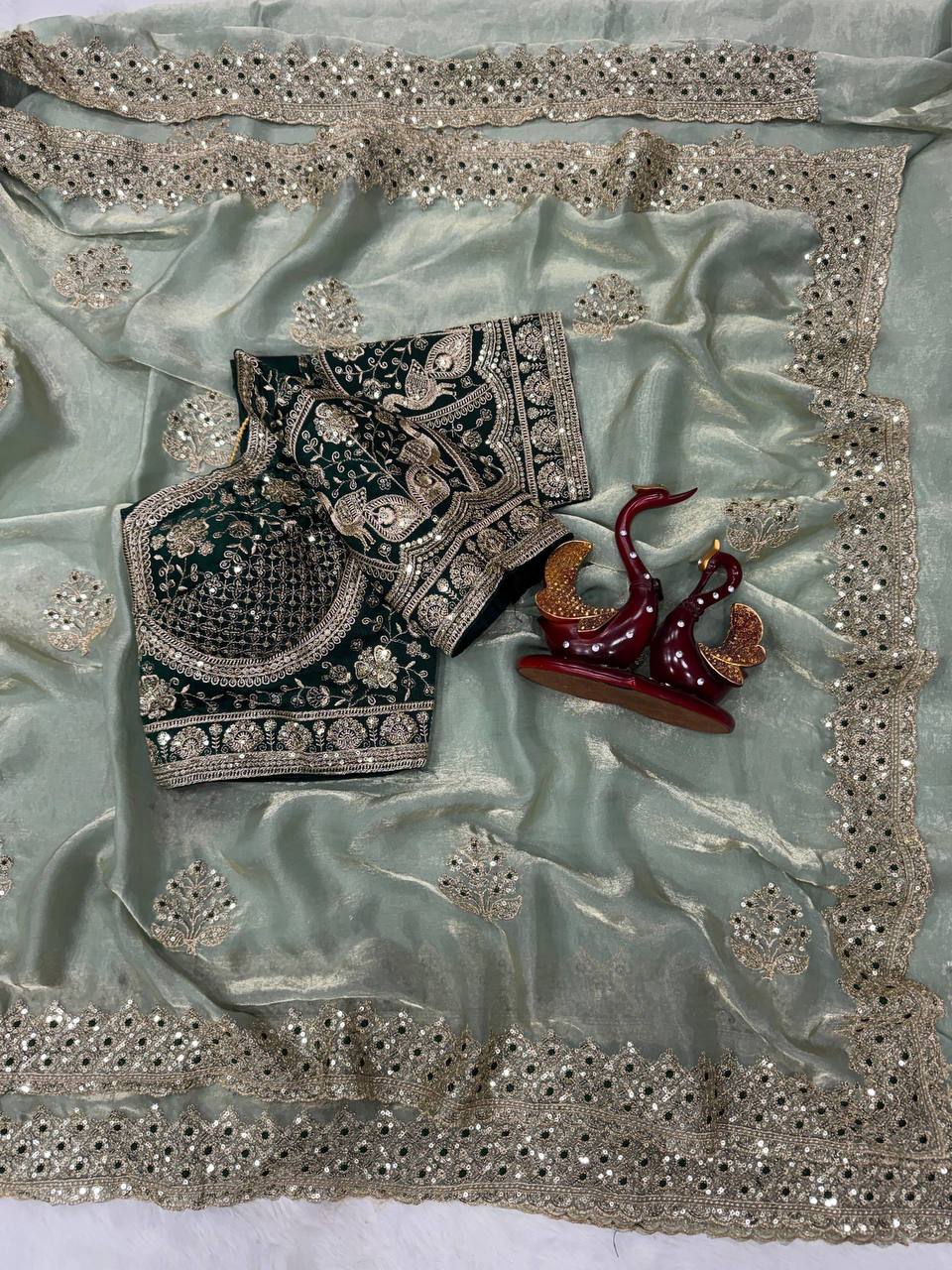 Laksharaa Sarees JESSIA — Premium Shimmer Saree with readymade blouse Sage Green