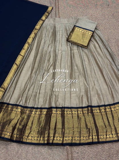 Laksharaa Sarees VAISHALI - Kanchi Cotton Half Sarees Lehenga Off-White with black and gold border