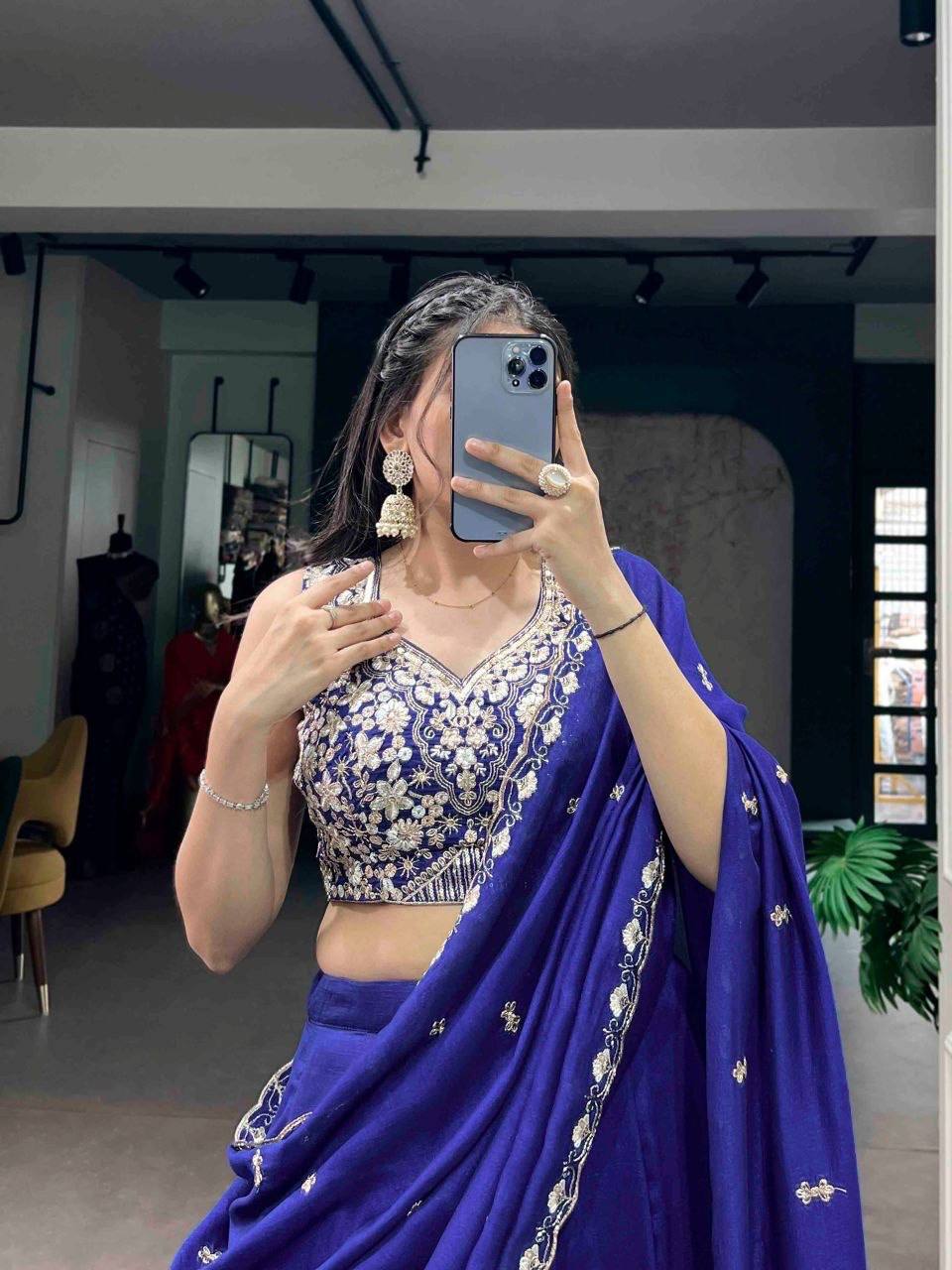 Laksharaa Sarees MAYA - Kashmiri Flowy Lehenga Royal Blue front view with embroidered blouse