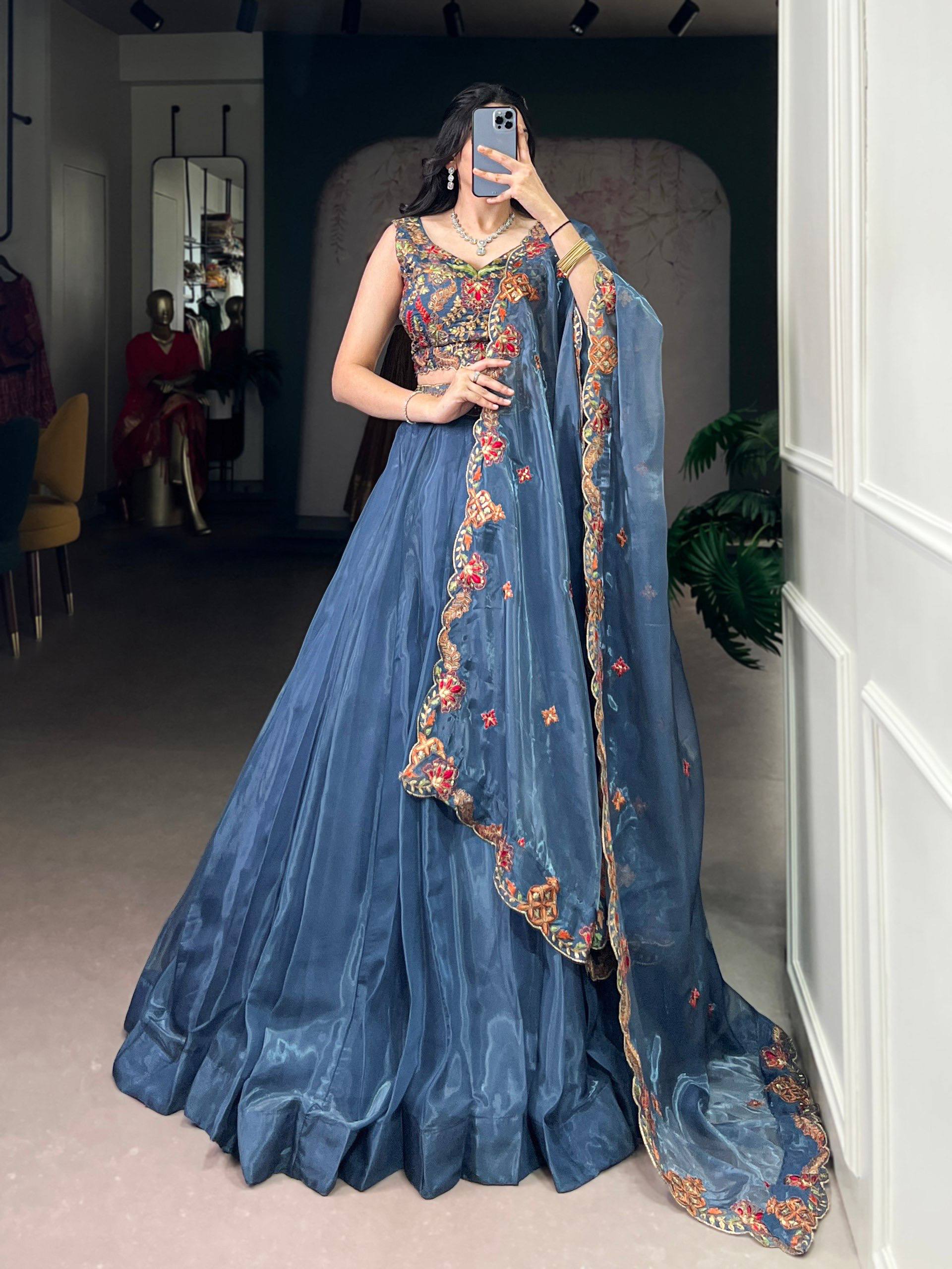 Laksharaa Sarees AVINA - Chanda Silk Lehenga Dusty Blue front view with dupatta