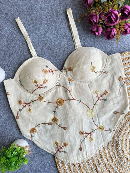 Laksharaa Sarees Khadi Cotton Corset Blouse Off-White with Yellow Floral Vine Embroidery