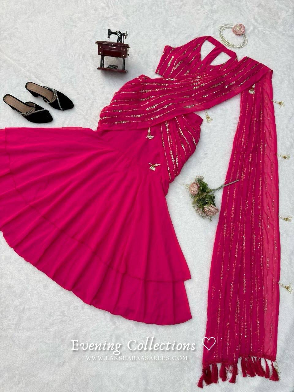 Laksharaa Sarees TALIA Lehenga Saree Hot Pink Flat Lay Full Skirt