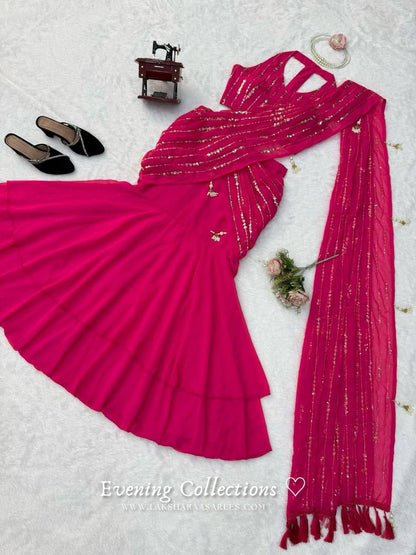 Laksharaa Sarees TALIA Lehenga Saree Hot Pink Flat Lay Full Skirt