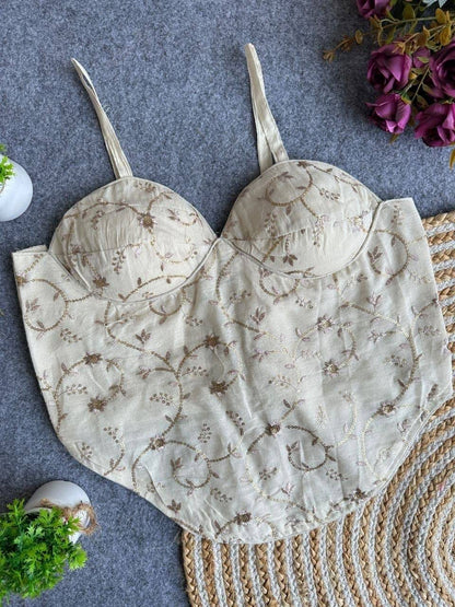 Laksharaa Sarees Khadi Cotton Corset Blouse Off-White with Gold Floral Vine Embroidery