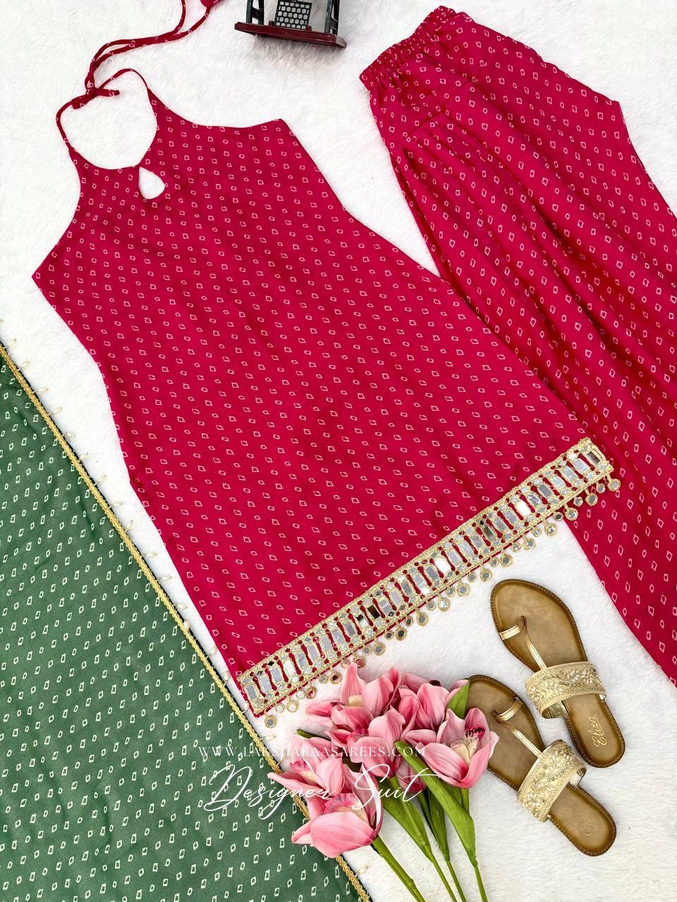 Laksharaa Sarees DORA Farsi Suit Pretty Pink flat lay with green dupatta and accessories