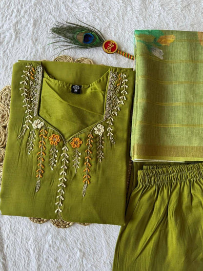 Laksharaa Sarees Green Mul Chanderi Kurti Suit Parrot Green