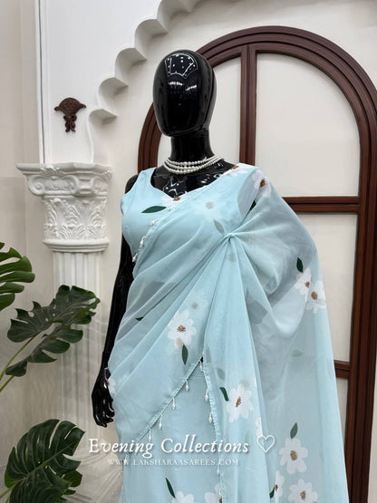 Laksharaa Sarees MAISY Aqua Lehenga Saree on Mannequin Side View with Pearl Necklace