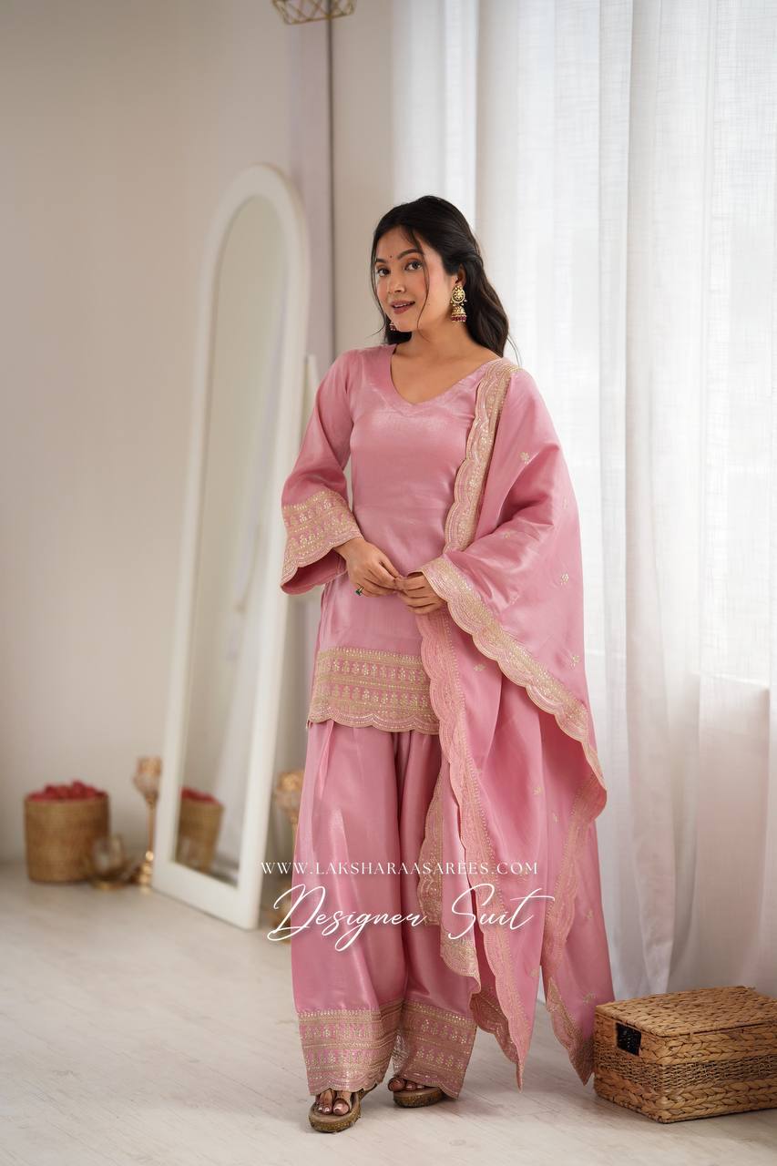 Laksharaa Sarees PAIGE Farshi suit Buttery Pink worn by model, front view with dupatta