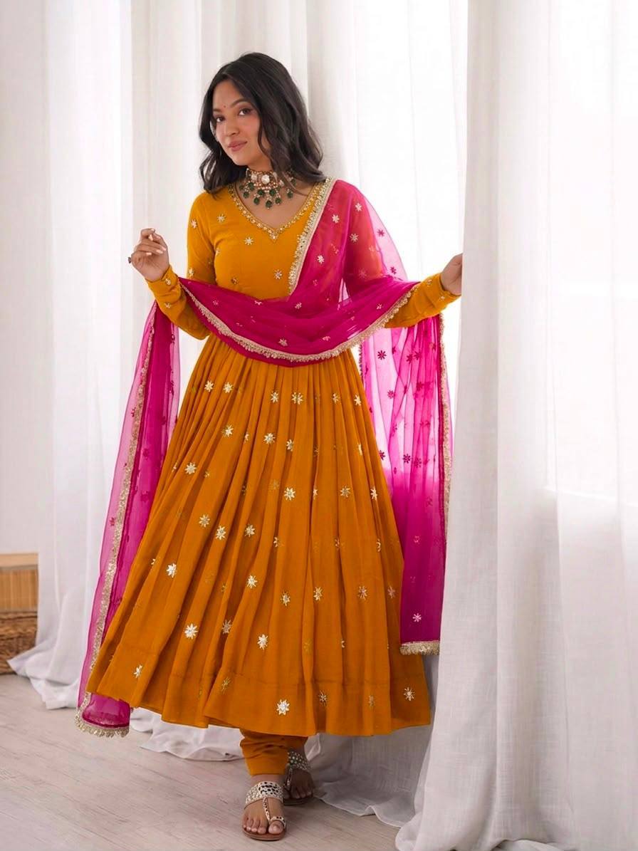 Laksharaa Sarees SHAHI — Georgette Anarkali Suit Mustard Yellow