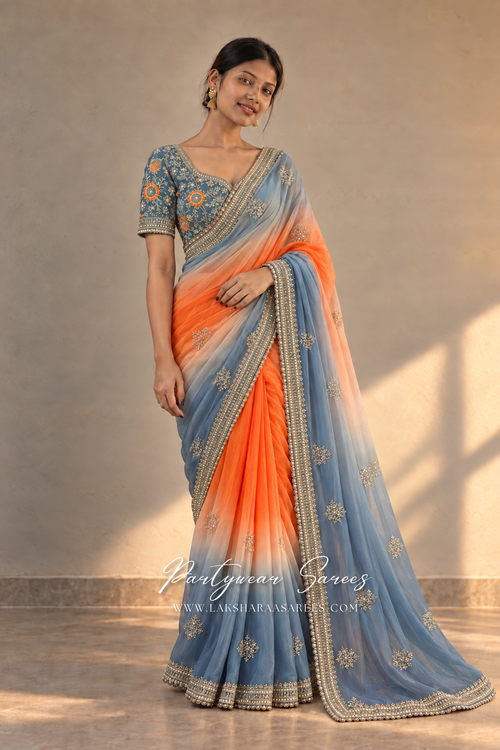 ASMITHA Orange & Slate Blue ombre saree — model photo
