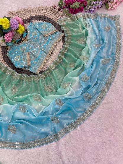 ASMITHA Mint Green & Sky Blue ombre saree — actual photo
