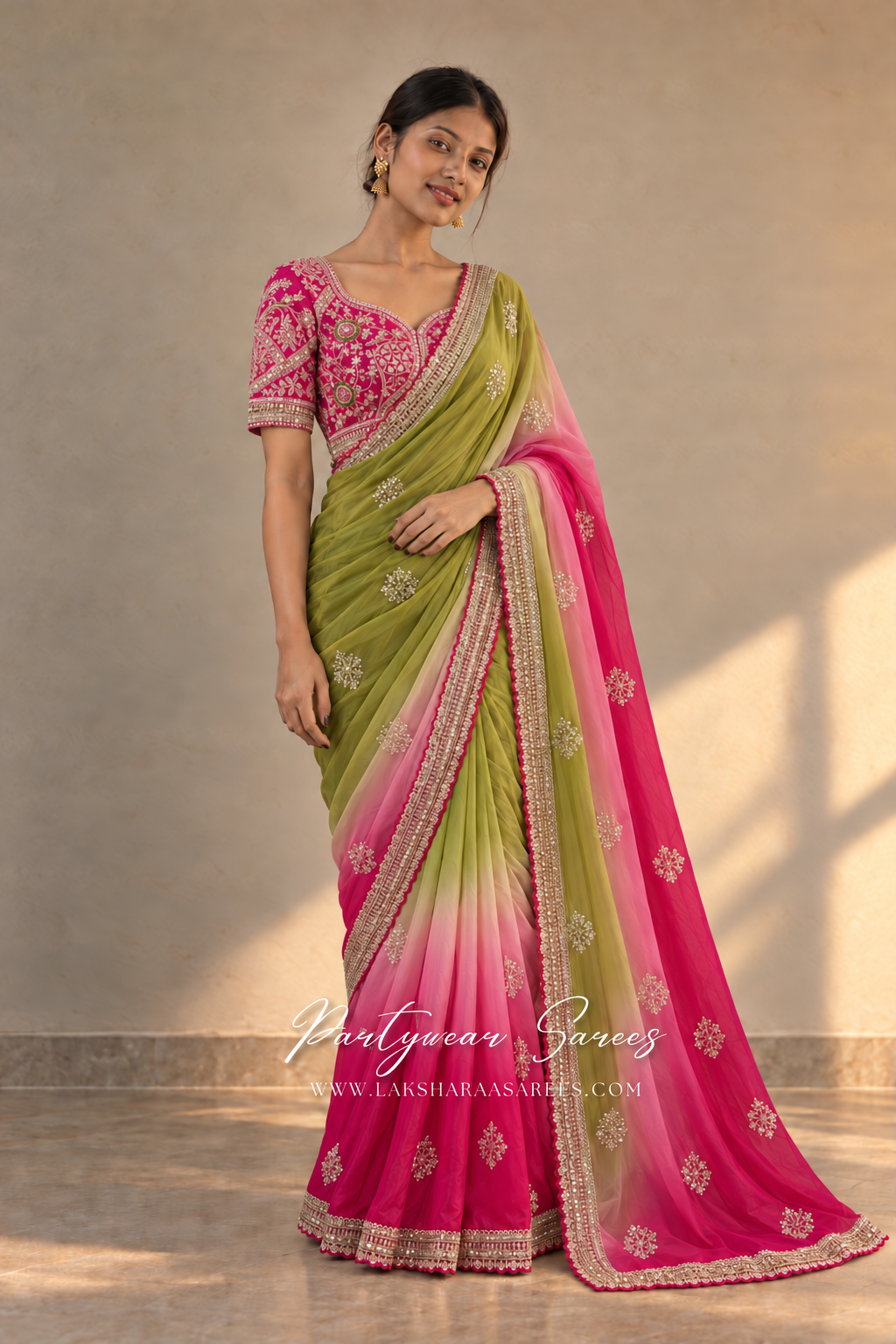 ASMITHA Olive Green & Pink ombre saree — model photo