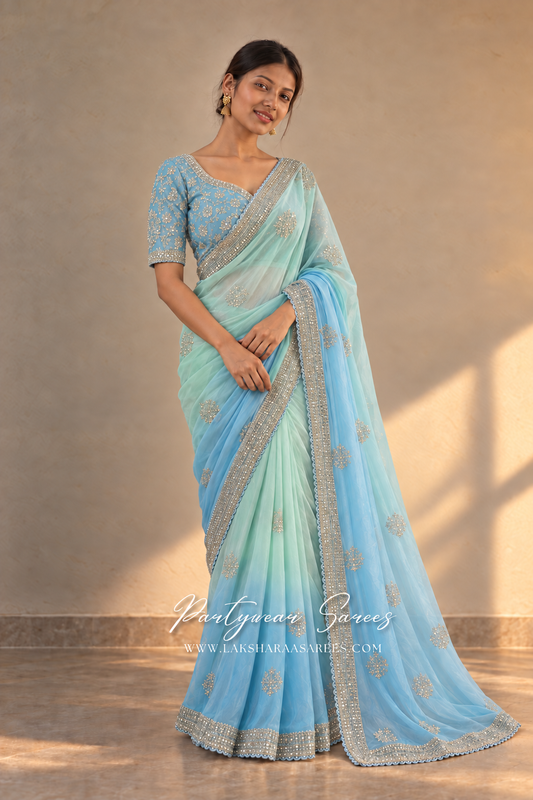 ASMITHA Mint Green & Sky Blue ombre saree — model photo
