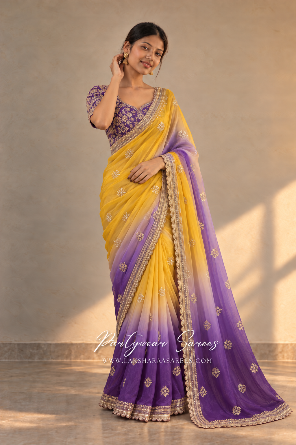 ASMITHA Yellow & Purple ombre saree — model photo