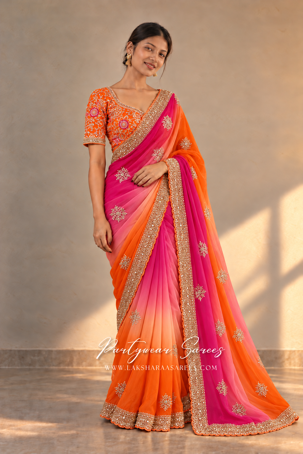 ASMITHA Orange & Fuchsia ombre saree — model photo