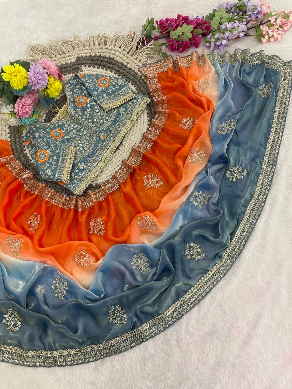 ASMITHA Orange & Slate Blue ombre saree — actual photo