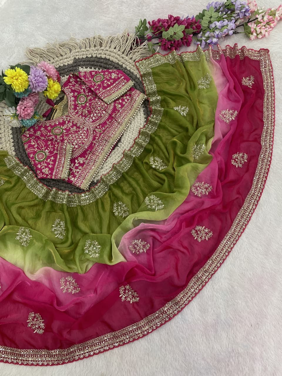 ASMITHA Olive Green & Pink ombre saree — actual photo