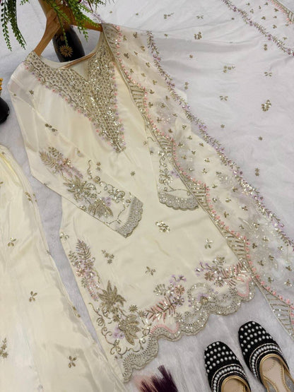 Laksharaa Sarees ARUSHI 2.0 Designer Suit Cream Embroidered Top and Dupatta Detail