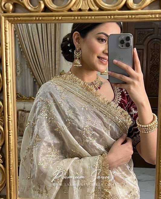 Laksharaa Sarees Shimmer Silk Saree with contrast blouse Off-White Side View