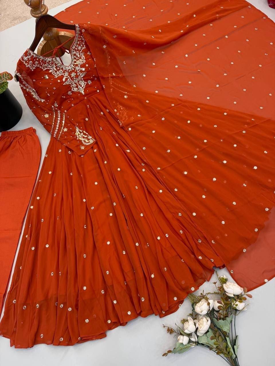 Laksharaa Sarees MAHASI - Georgette Anarkali Burnt Orange Flat Lay Full Set